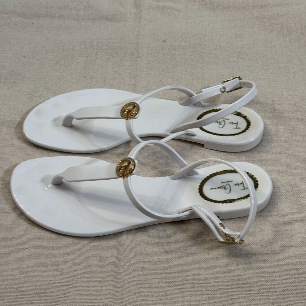 Tara Grinna White Thong Sandals Women’s 9 Italy Gold Logo Jelly Flat Beach - Picture 4 of 15